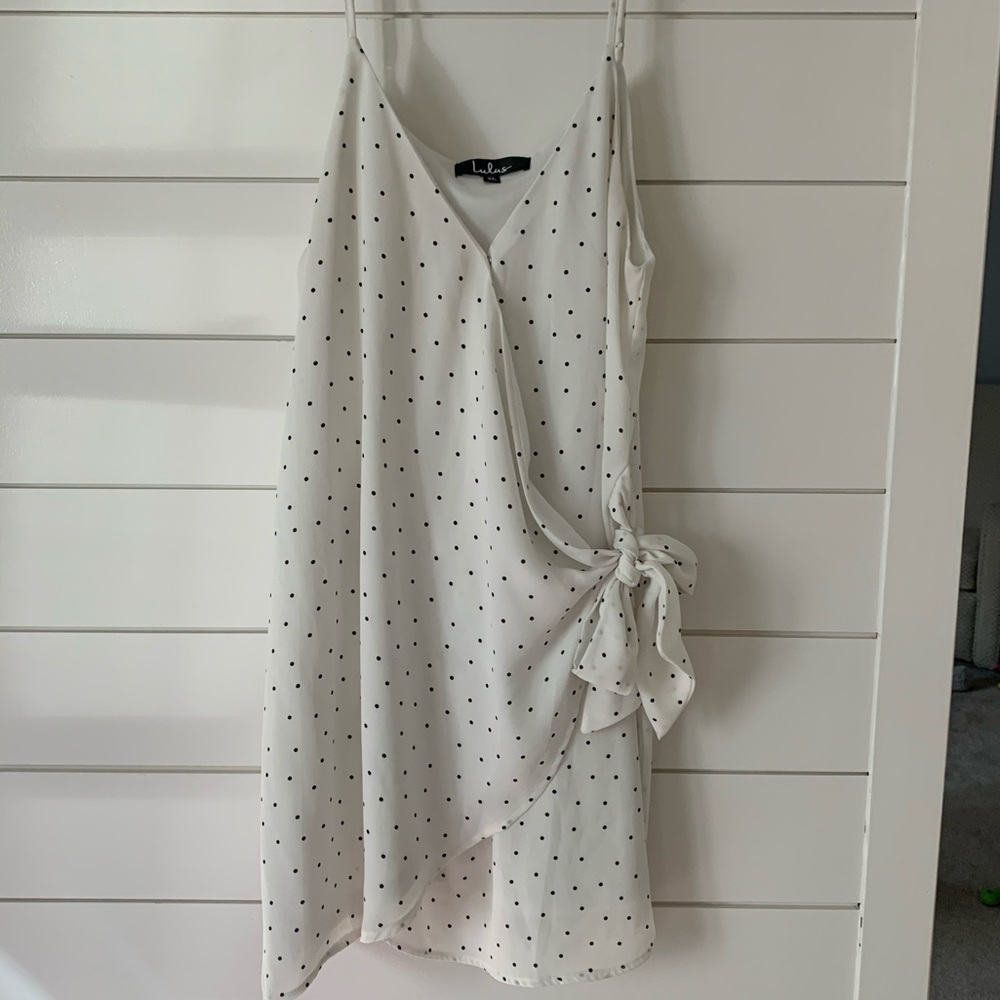 Wrap Dress! Lulu’s white polka dot